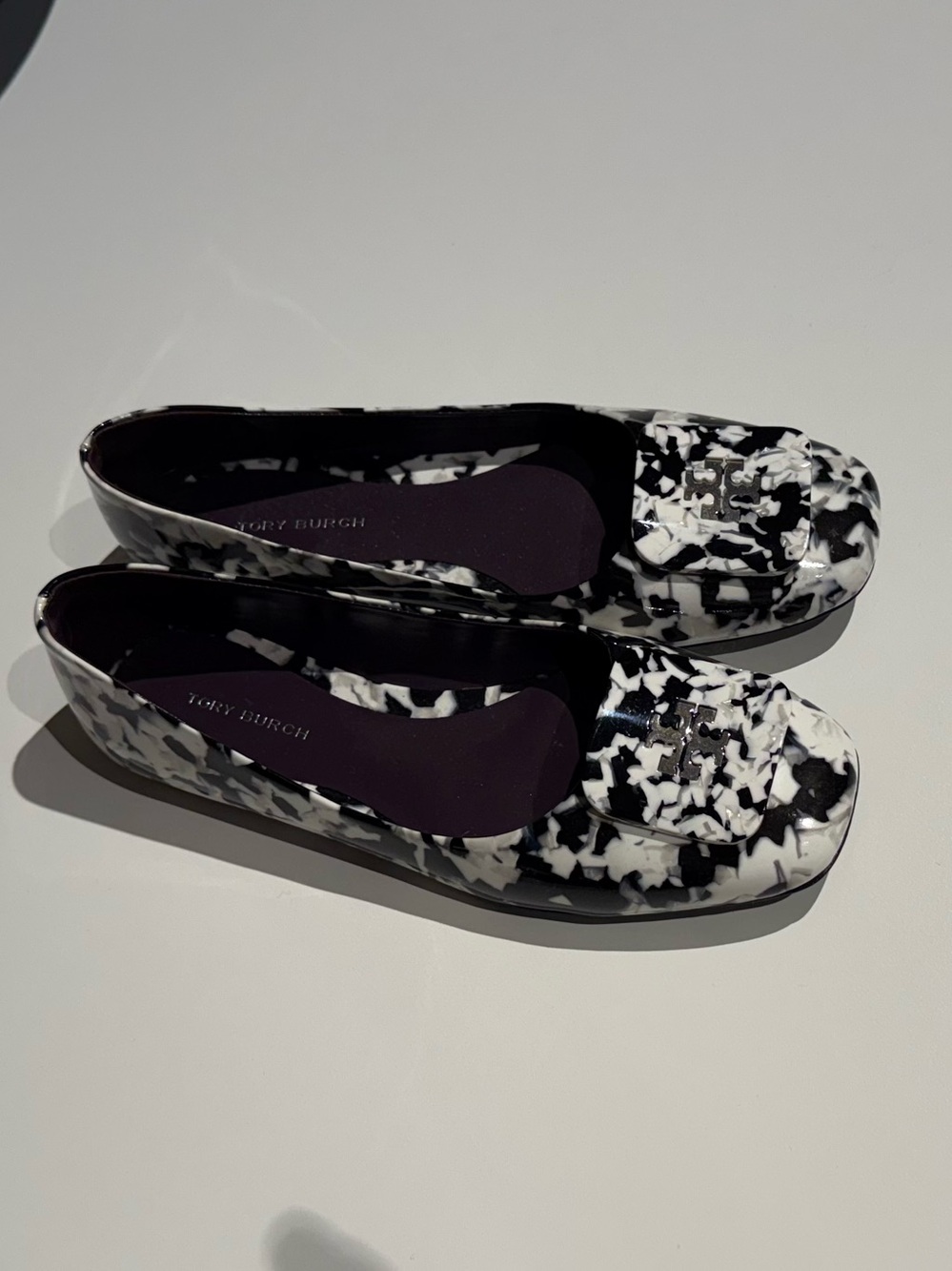 Tory Burch Black & White Marble Patent Loafers